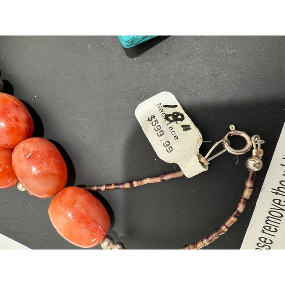 Solid Turquoise Cross Necklace Coral and Sterling Nuggets Heishi Beads 22" 114 g - Picture 6 of 13